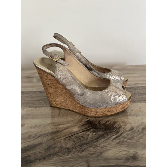 Jimmy Choo Prova Snake Print Silver Metallic Cork Wedges Heels Size 36.5 - Picture 6 of 10